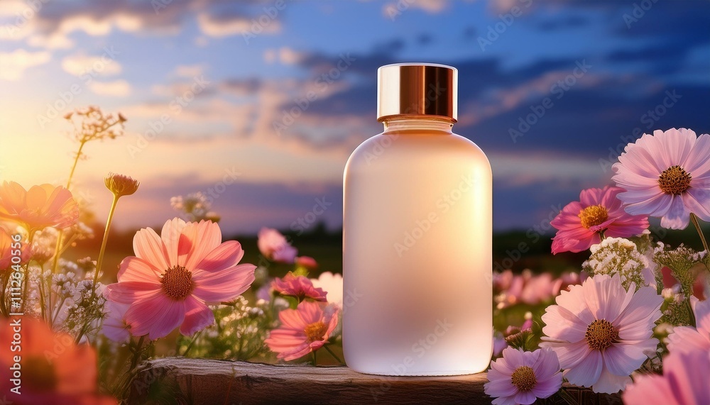 Frosted glass bottle of perfume in a field of cosmos flowers at sunset. Frosted glass bottle of perfume in a field of cosmos flowers at sunset.