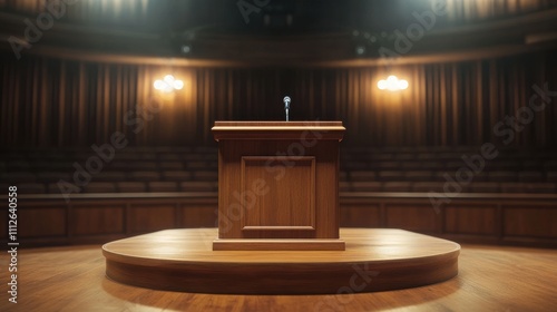 A wooden podium with a microphone in a dimly lit auditorium.