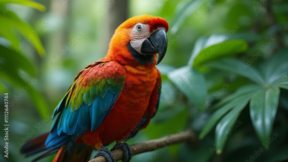 A colorful parrot sitting on a branch in a forest A colorful parrot sitting on a branch in a forest