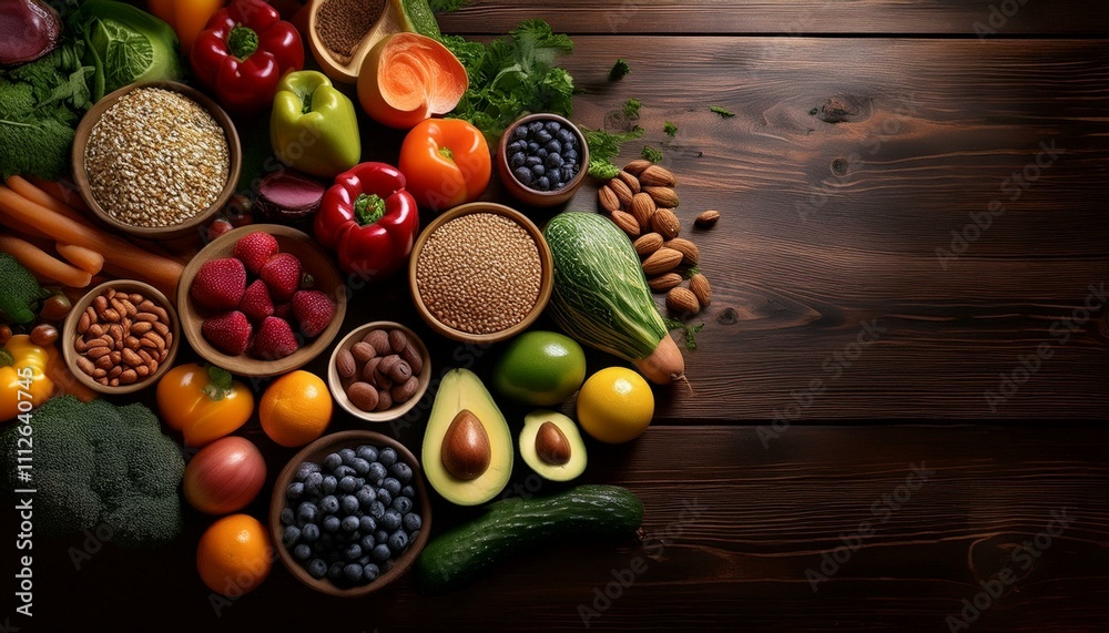 Vibrant array of fresh fruits, vegetables, nuts, and seeds on a dark wooden background. Vibrant array of fresh fruits, vegetables, nuts, and seeds on a dark wooden background.