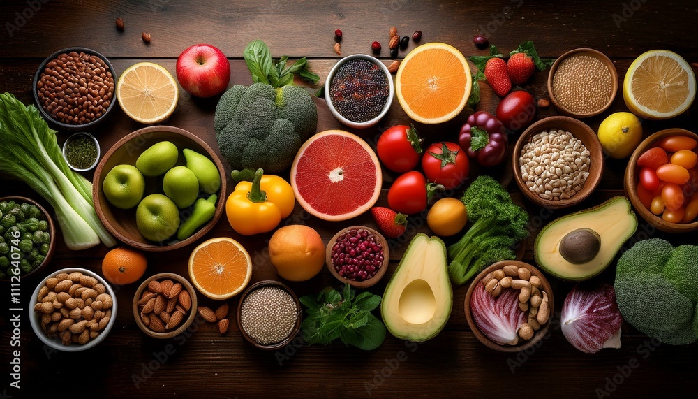 Colorful array of fresh fruits, vegetables, nuts, and seeds on a dark wooden surface. Healthy eating concept.