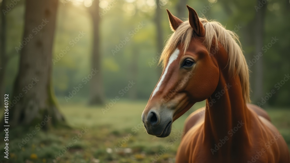 A brown horse standing in the middle of a forest A brown horse standing in the middle of a forest