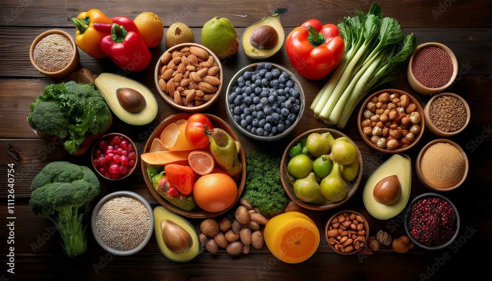A vibrant array of healthy foods, including fruits, vegetables, nuts, and seeds, arranged on a rustic wooden table. A vibrant array of healthy foods, including fruits, vegetables, nuts, and seeds, arranged on a rustic wooden table.