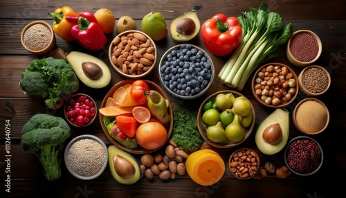 A vibrant array of healthy foods, including fruits, vegetables, nuts, and seeds, arranged on a rustic wooden table.