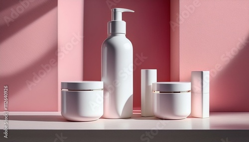 Elegant skincare products on a pink background. A minimalist aesthetic.