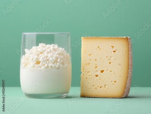 Before to after Milk transformed into creamy cheese through curdling and aging photo