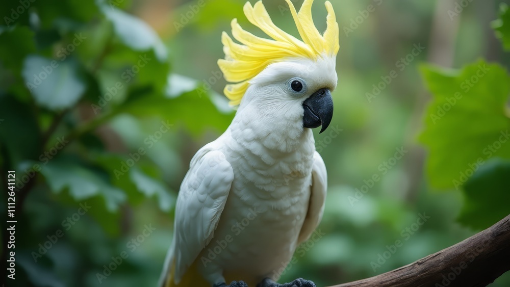 A white parrot with a yellow mohawk sitting on a branch A white parrot with a yellow mohawk sitting on a branch