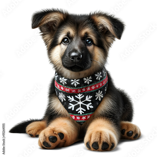 German Shepherd Puppy Wearing Festive Snowflake Bandana Isolated on Transparent Background