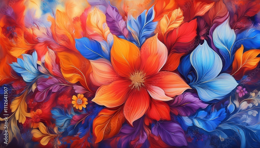 Vibrant floral artwork in bold oranges, blues, and purples. Vibrant floral artwork in bold oranges, blues, and purples.