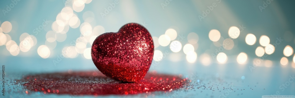 A banner with a place for the text. A sparkling red heart located in a prominent place in the foreground. The heart is covered with sparkling sequins that reflect light and create a shimmering effect. A banner with a place for the text. A sparkling red heart located in a prominent place in the foreground. The heart is covered with sparkling sequins that reflect light and create a shimmering effect.