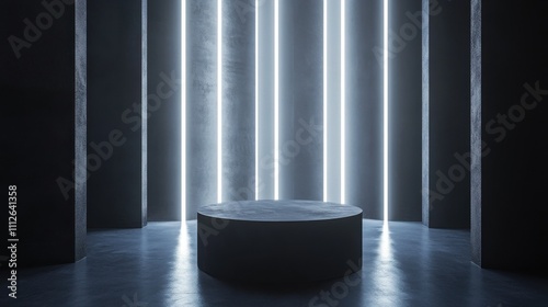 A minimalist, illuminated space with a circular platform.