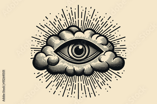 Vintage illustration of an all-seeing eye surrounded by clouds and radiant beams, symbolizing enlightenment, mysticism, and divine presence. Detailed black-and-white engraving style. Isolated, cut out