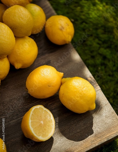 Freshly picked lemons on a rustic wooden board.