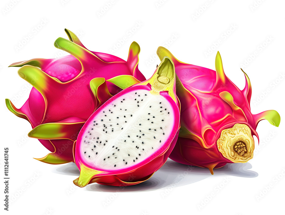 Fresh Ripe Dragon Fruit Slices and Whole Pitaya on White Background Fresh Ripe Dragon Fruit Slices and Whole Pitaya on White Background