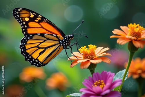 Monarch Butterfly Fairy Garden, Orange Butterfly, Blue Leaves, Bright Flowers