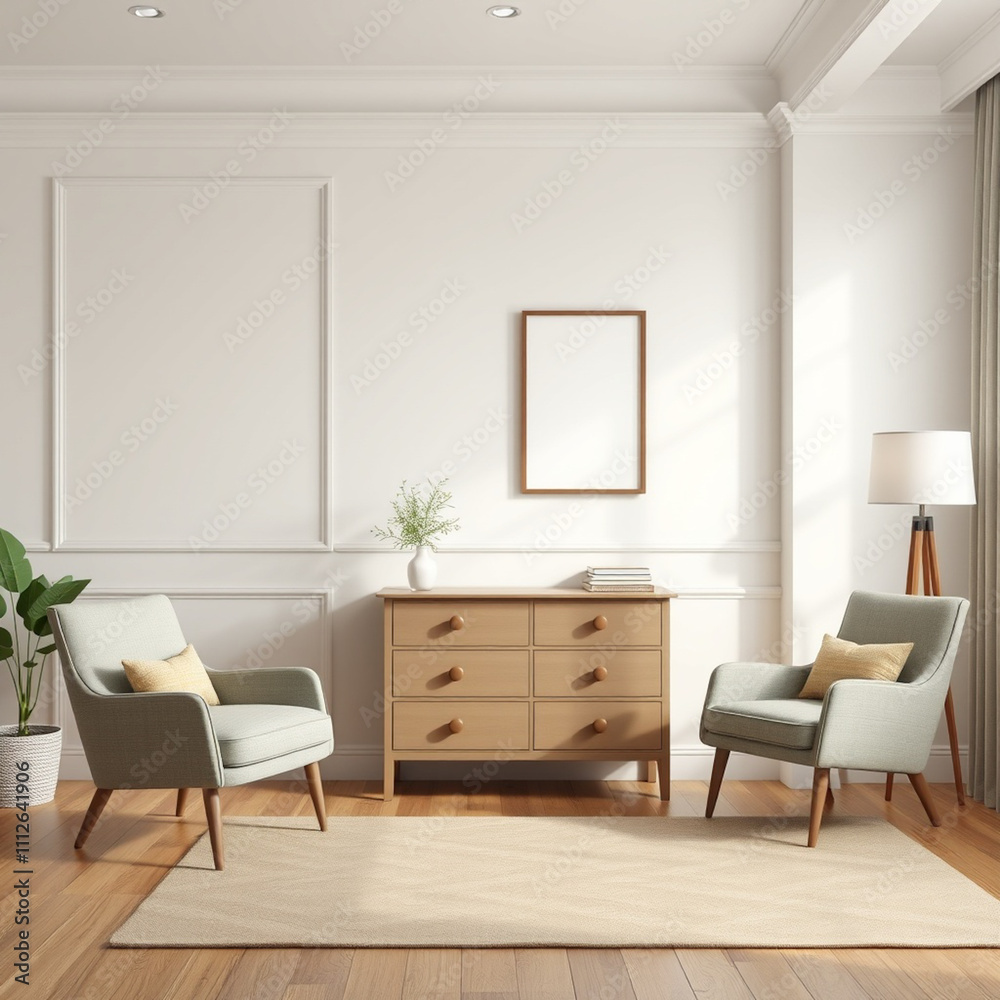 Fototapeta premium Interior with wooden sideboard 3d rendering