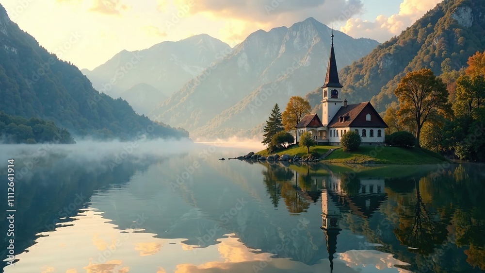 Morning Mist on Lake Bled, Slovenia - AI Photography Morning Mist on Lake Bled, Slovenia - AI Photography