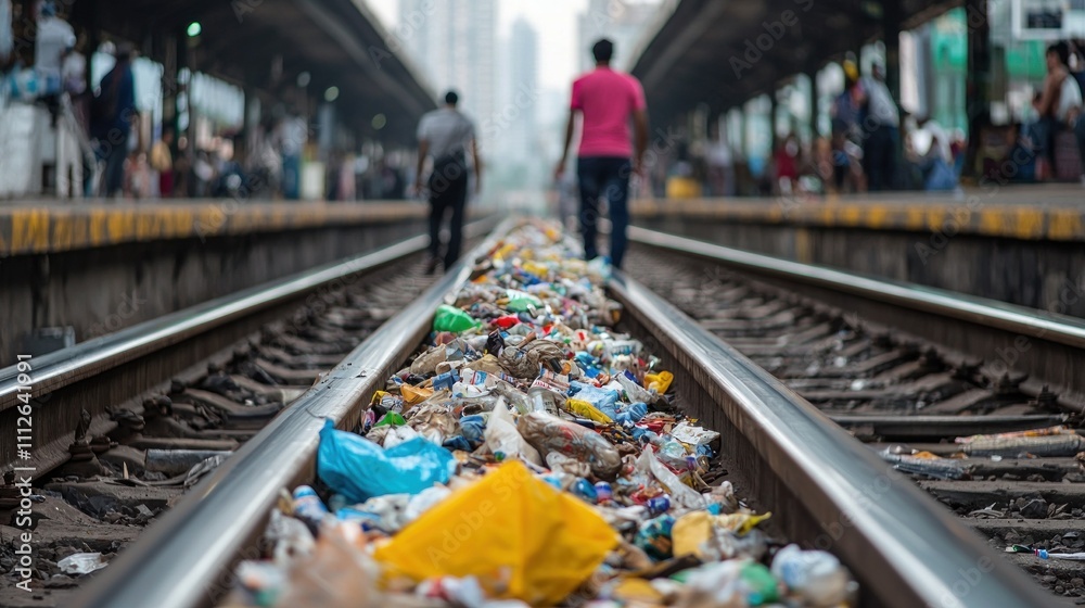 A railway track littered with trash, illustrating urban pollution as two figures walk along the sides in a bustling station setting. A railway track littered with trash, illustrating urban pollution as two figures walk along the sides in a bustling station setting.