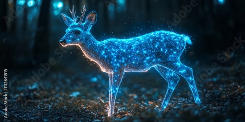 Crystal-like deer sculpture, shimmering with vibrant hues, exuding an ethereal glow, captivating in a mystical woodland setting photo