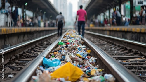 A railway track littered with trash, illustrating urban pollution as two figures walk along the sides in a bustling station setting.