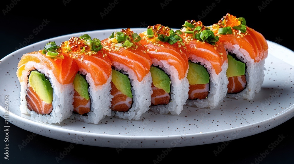 A vibrant sushi roll with colorful toppings of avocado, salmon, and tobiko, placed artfully on a white plate. The clean background enhances the fresh ingredients and intricate presentation. A vibrant sushi roll with colorful toppings of avocado, salmon, and tobiko, placed artfully on a white plate. The clean background enhances the fresh ingredients and intricate presentation.