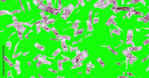 3D animation of 2000 Rupees note money flowing down - green screen video