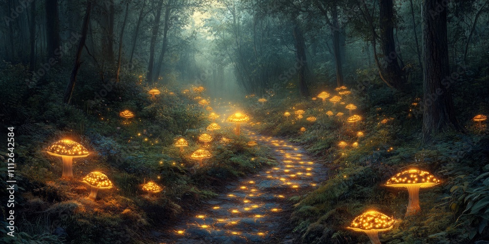 Enchanted forest with luminous mushrooms creating ethereal pathways through thick foliage