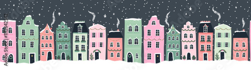 Cute hand drawn  houses with Christmas decoration, horizontal seamless, great for textiles, banners, wallpapers - vector