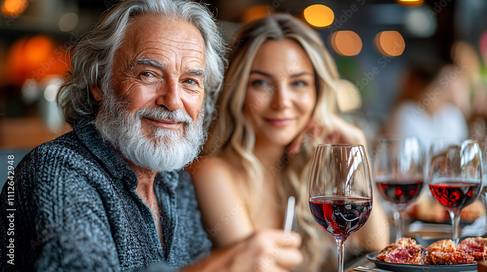 Senior man and young woman enjoying wine and food at restaurant Senior man and young woman enjoying wine and food at restaurant
