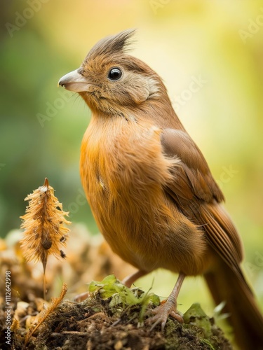 Juvenile spectacled barwing perched on mossy ground in lush forest photo