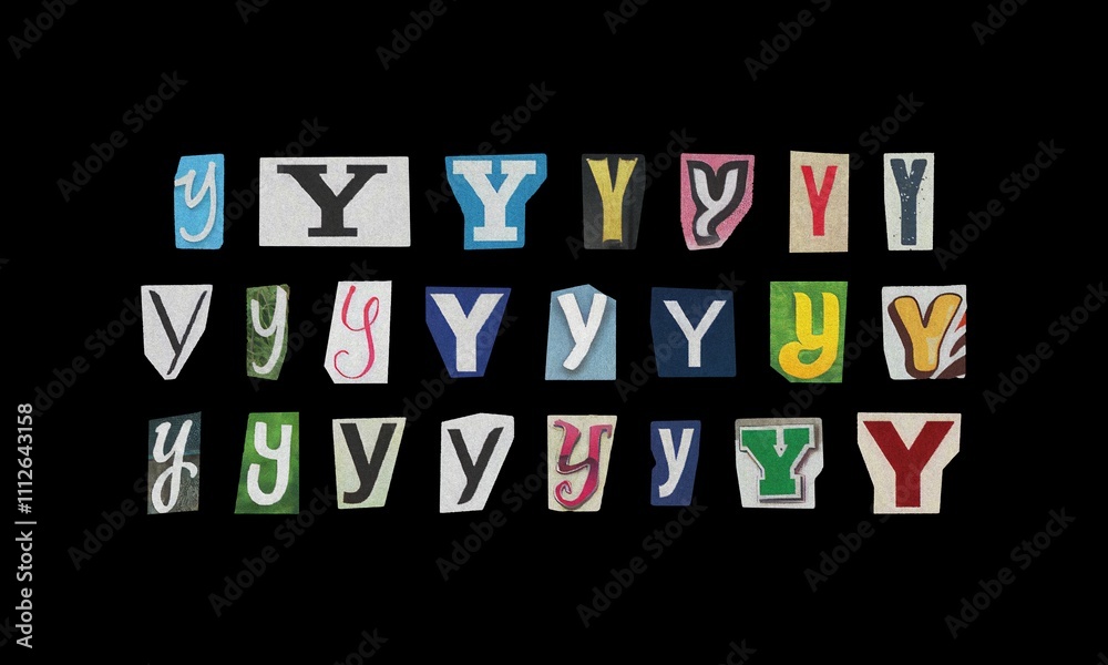 Set of letter “Y” cut-out from magazines on a black background, retro y2k ransom font style