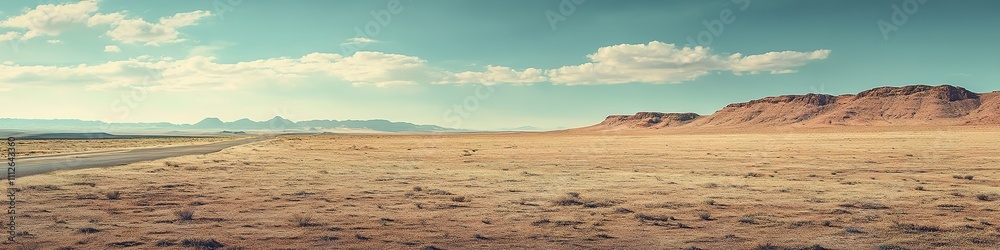 Vast desert landscape under clear blue sky, panoramic view Vast desert landscape under clear blue sky, panoramic view