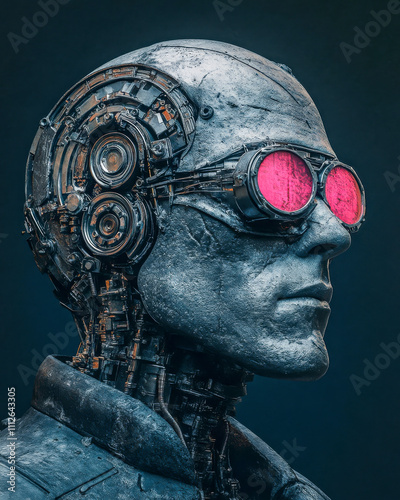 Close-up of a detailed cyborg head featuring mechanical components and vibrant red goggles, symbolizing advanced technology and sci-fi themes photo