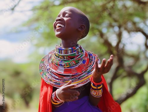 An african kid in traditional maasai attire smiling, eyes closed in an outdoor setting