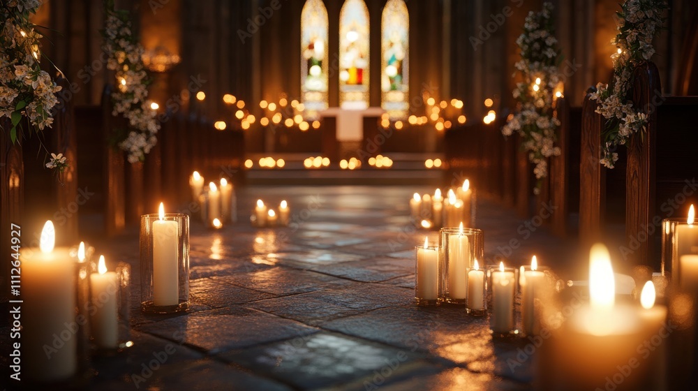 Fototapeta premium A serene church interior illuminated by candles and stained glass.