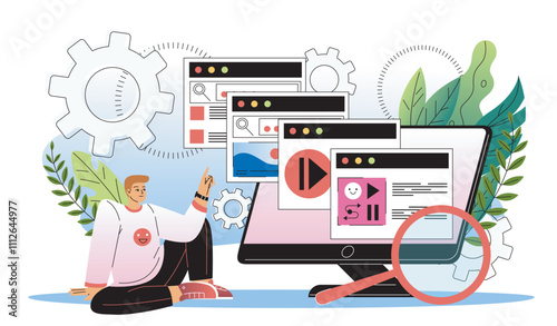 Search engine optimization. Man sitting near computer monitor and magnifying glass. SEO specialist at workplace. Description and keyword. Flat vector illustration
