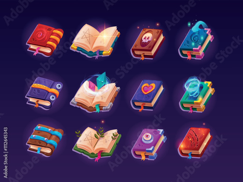 Game spell book. Cartoon magic books fantasy ui glowing icons, wizard study old alchemy handbook medieval library gaming quest witchcraft spelling recipe swanky vector illustration