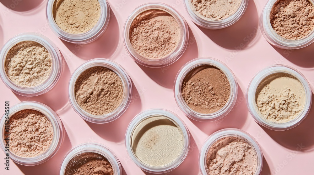 Assorted Loose Powder Makeup in Transparent Containers Arranged on a Soft Pink Background for Beauty and Cosmetic Purposes Assorted Loose Powder Makeup in Transparent Containers Arranged on a Soft Pink Background for Beauty and Cosmetic Purposes