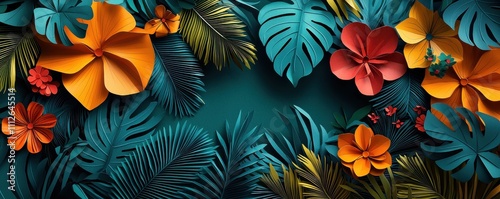 Vibrant tropical paper art featuring colorful leaves and flowers