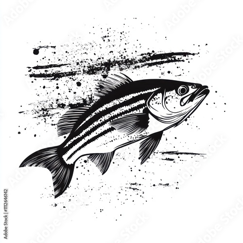 Here's a possible  and keyword list for your stock photo.. Monochrome illustration of a striped bass leaping from water. photo