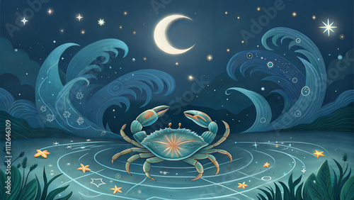 Cancer zodiac crab surrounded by moon and stars