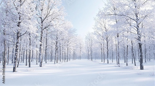 A wide-angle shot of an empty snowy forest with bare trees and frosty branches, snowy forest, frozen ground.