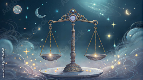 Libra zodiac scales balanced under starry sky