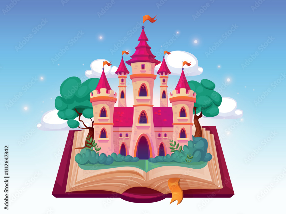 Fototapeta premium Open fairytale book. Storybook with fairy tale castle knight or princess, magic fantasy story reading books imagination concept kindergarten storytelling swanky vector illustration