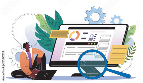 SEO benchmarking concept. Man sitting near computer with magnifying glass. Analysis of user behavior, webpage promotion on Internet. Flat vector illustration