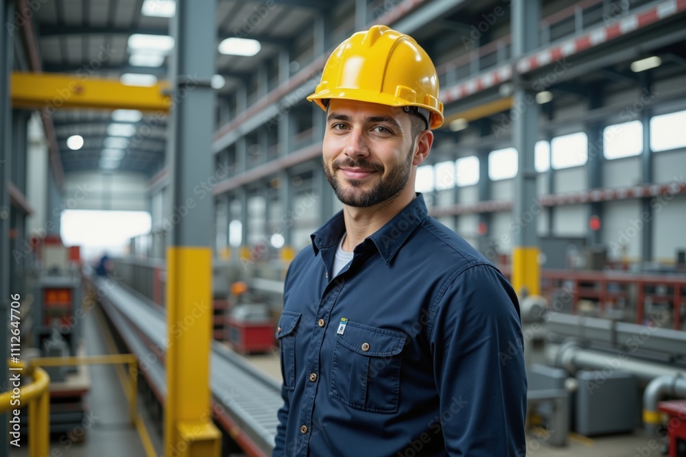 Confident engineer in modern factory wearing yellow hard hat and blue shirt. Confident engineer in modern factory wearing yellow hard hat and blue shirt.