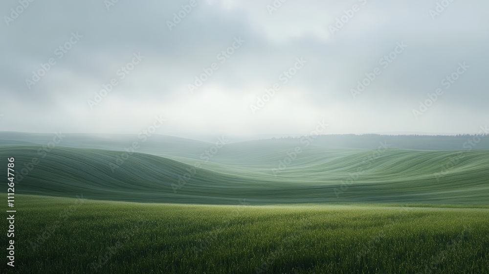 Serene landscape with rolling green hills under a misty sky. Serene landscape with rolling green hills under a misty sky.