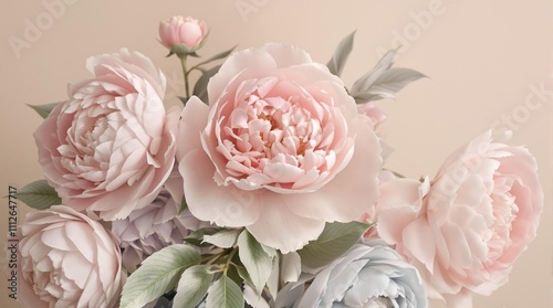 Artificial peonies in soft pastel hues arranged in a romantic style against a neutral background, vintage inspired floral pattern, pastel colors
