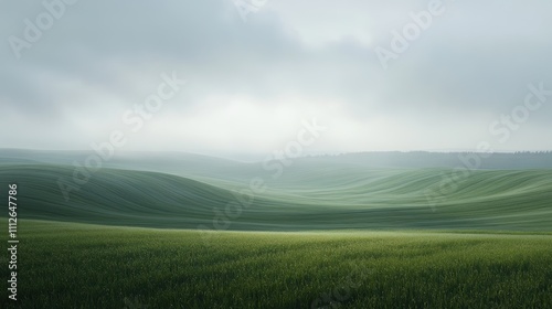 Serene landscape with rolling green hills under a misty sky.