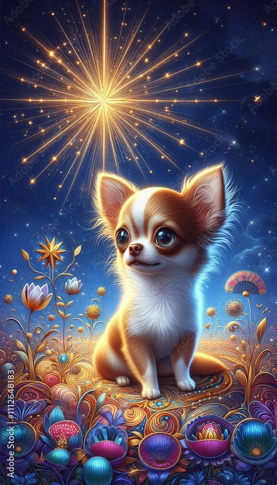 Obraz premium Dreamy Chihuahua Under the Evening Star in an Enchanted Meadow